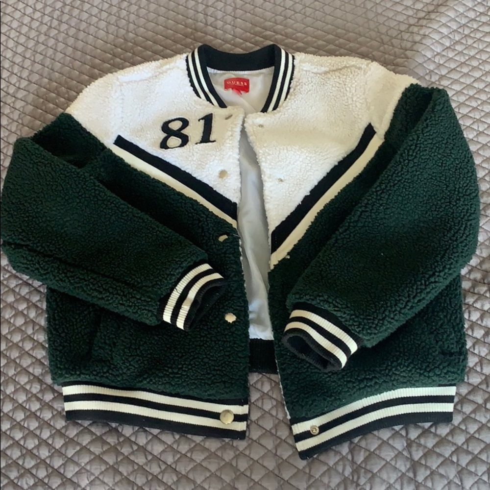 Green black furry varsity letterman jacket